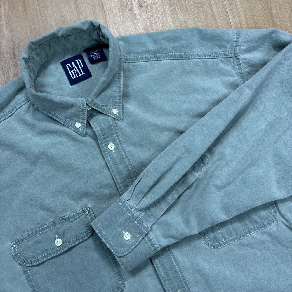 Vintage GAP Men's Long Sleeve XL Button Up Green Utility 90s Faded